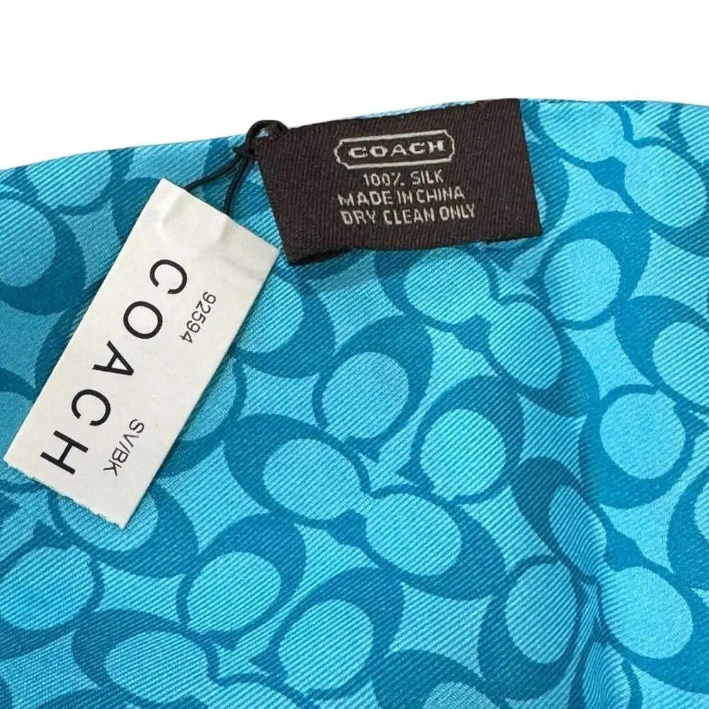 Coach Women 100% Silk Signature Logo Rhinestone Fringe Scarf Teal New With Box - Picture 4 of 8